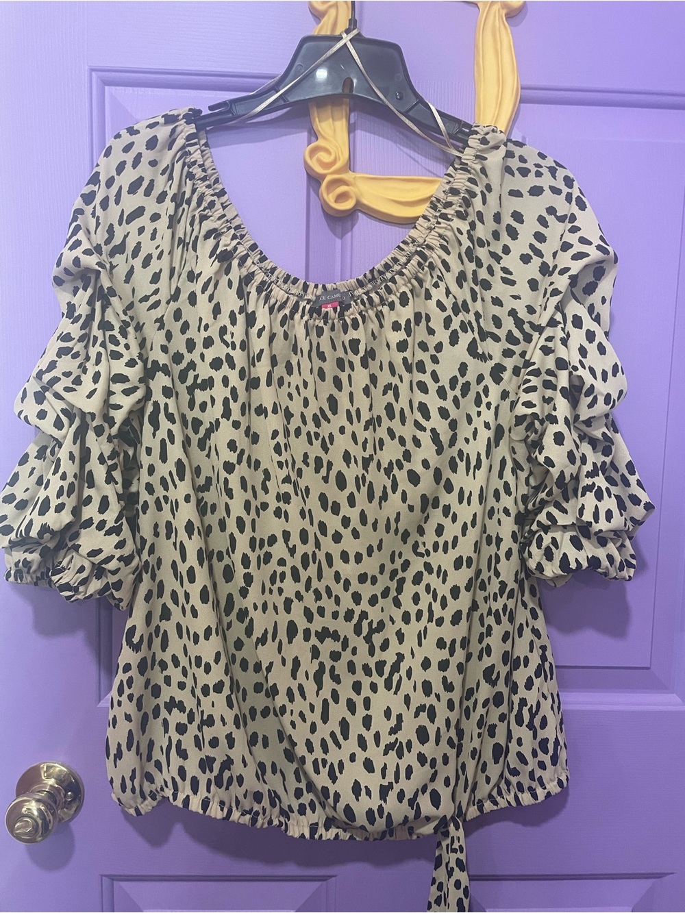 Vince Camuto Beige and Black Animal Print Ruffle Sleeve Blouse